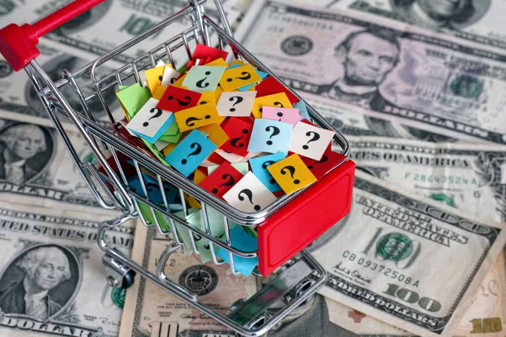 shopping cart toy mini question marks questions money bills