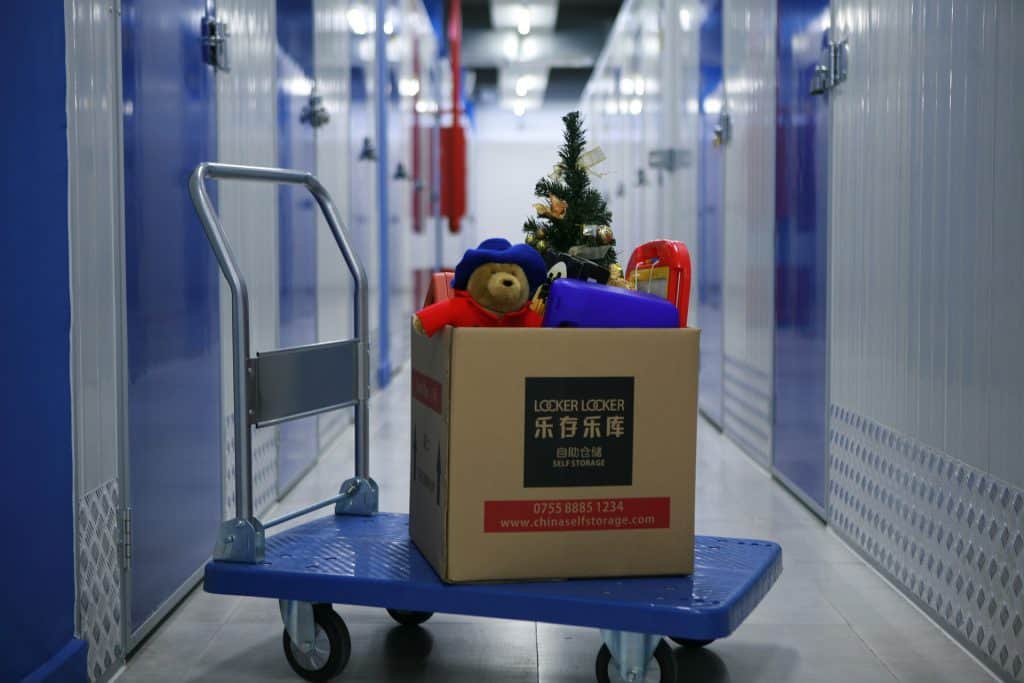 teddy bear christmas tree decorations in box storage facility hallway storage units