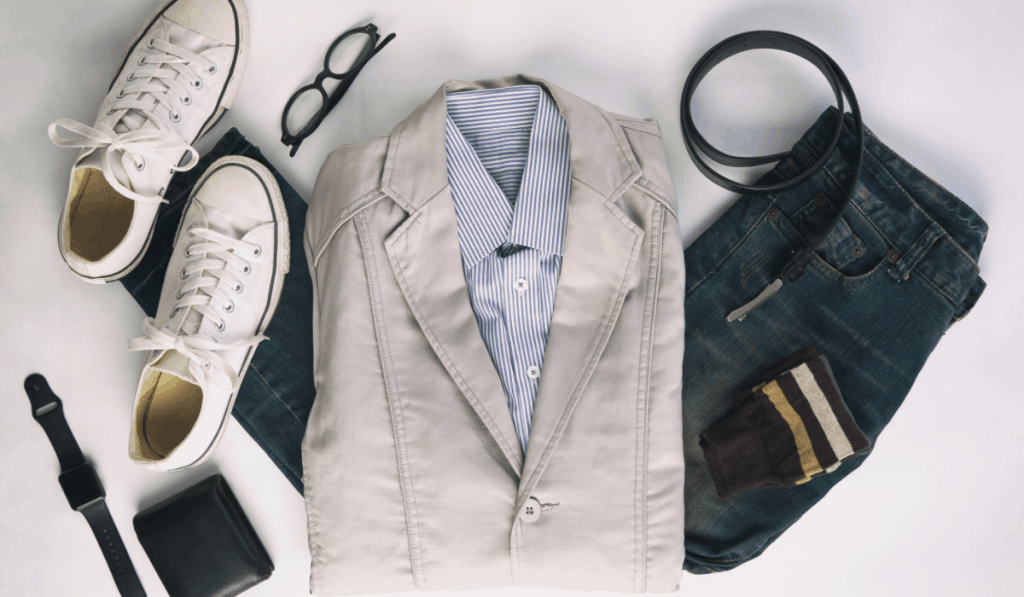 mens outfit casual jacket with button down shirt, jeans and converse flatlay